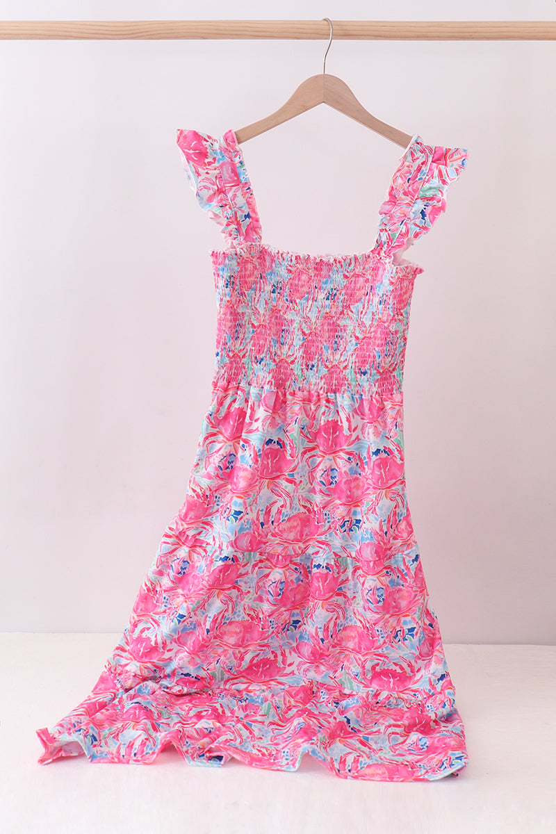 Pink floral smocked ruffle tiered dress