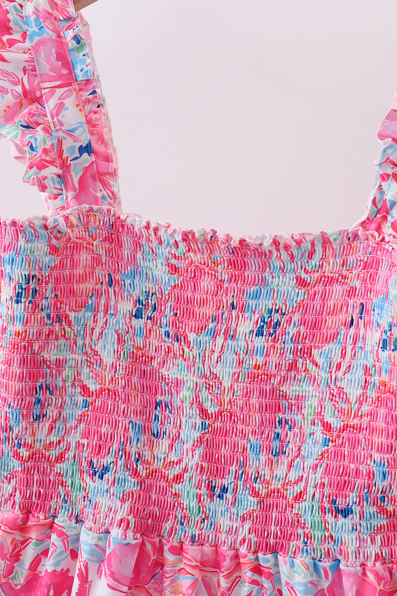 Pink floral smocked ruffle tiered dress