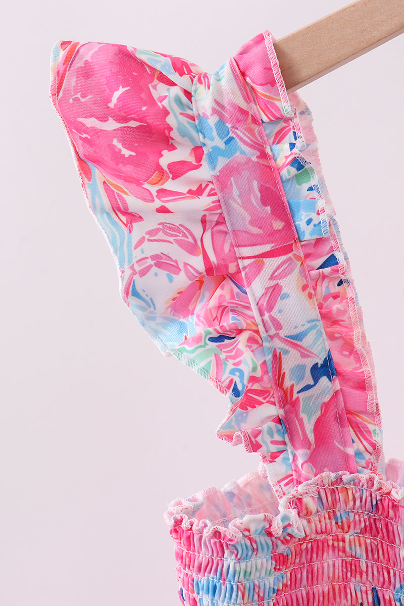 Pink floral smocked ruffle tiered dress