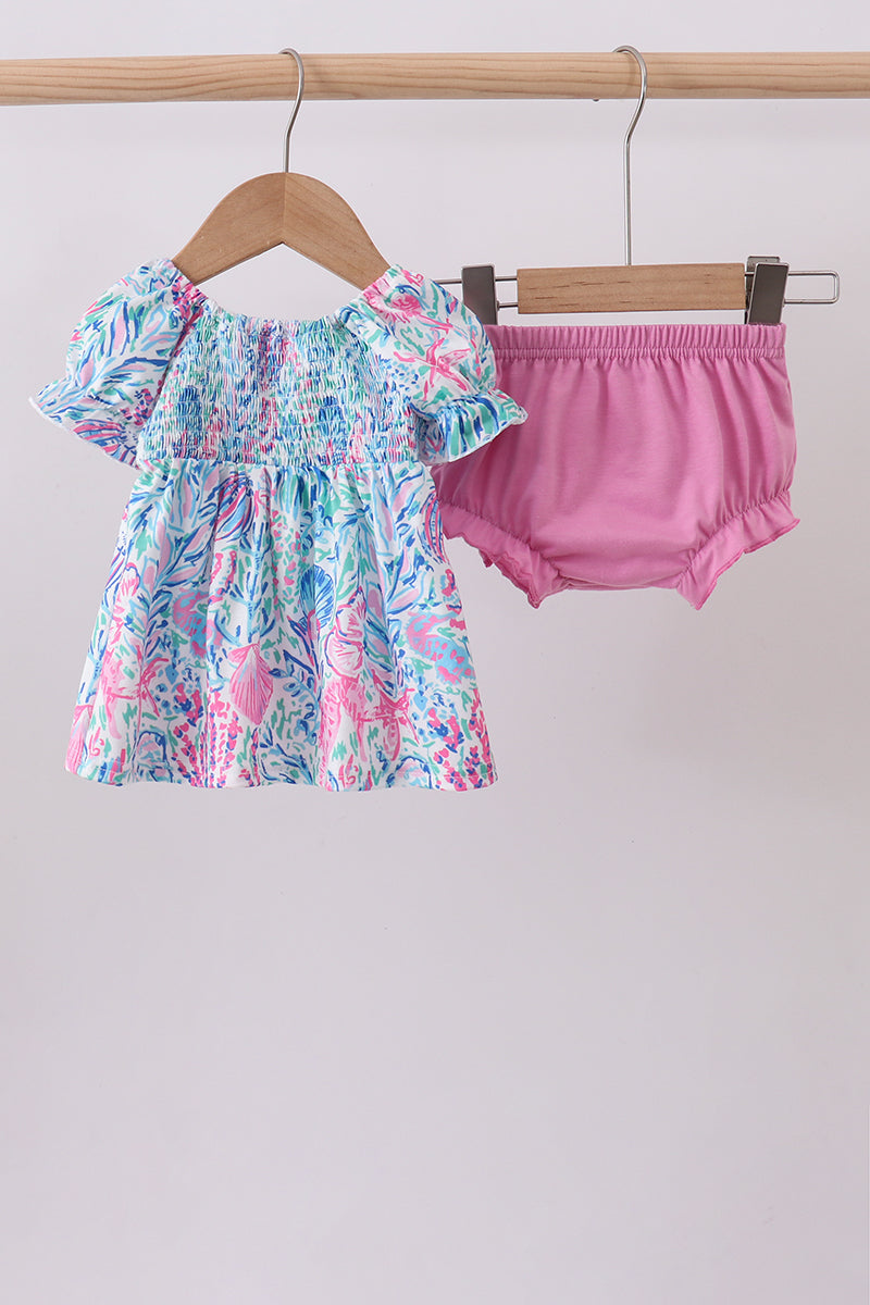 Marine smocked ruffle bloomer set