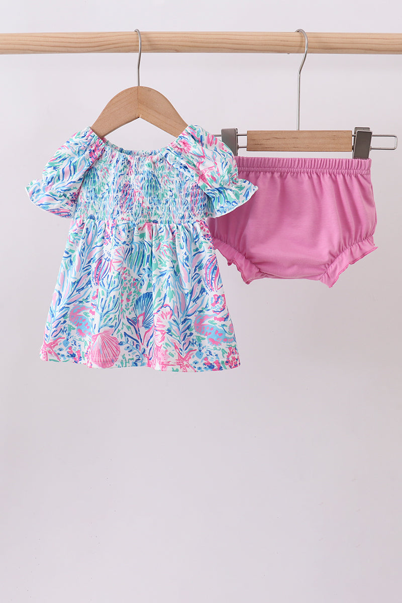 Marine smocked ruffle bloomer set