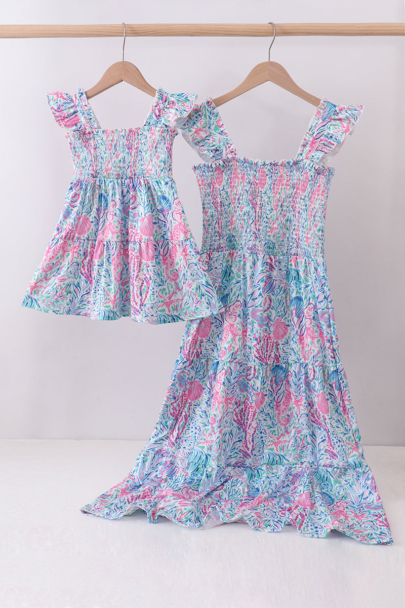 Marine smocked ruffle tiered dress