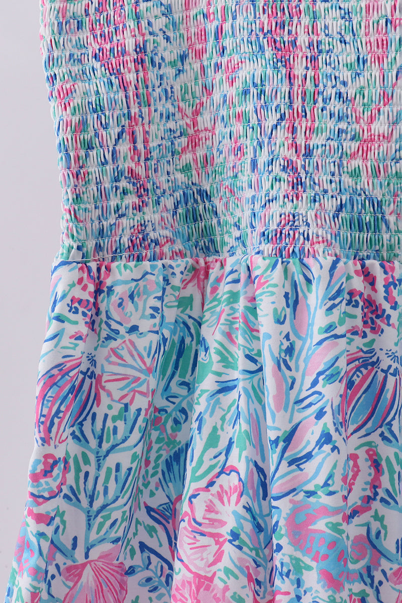 Marine smocked ruffle tiered dress