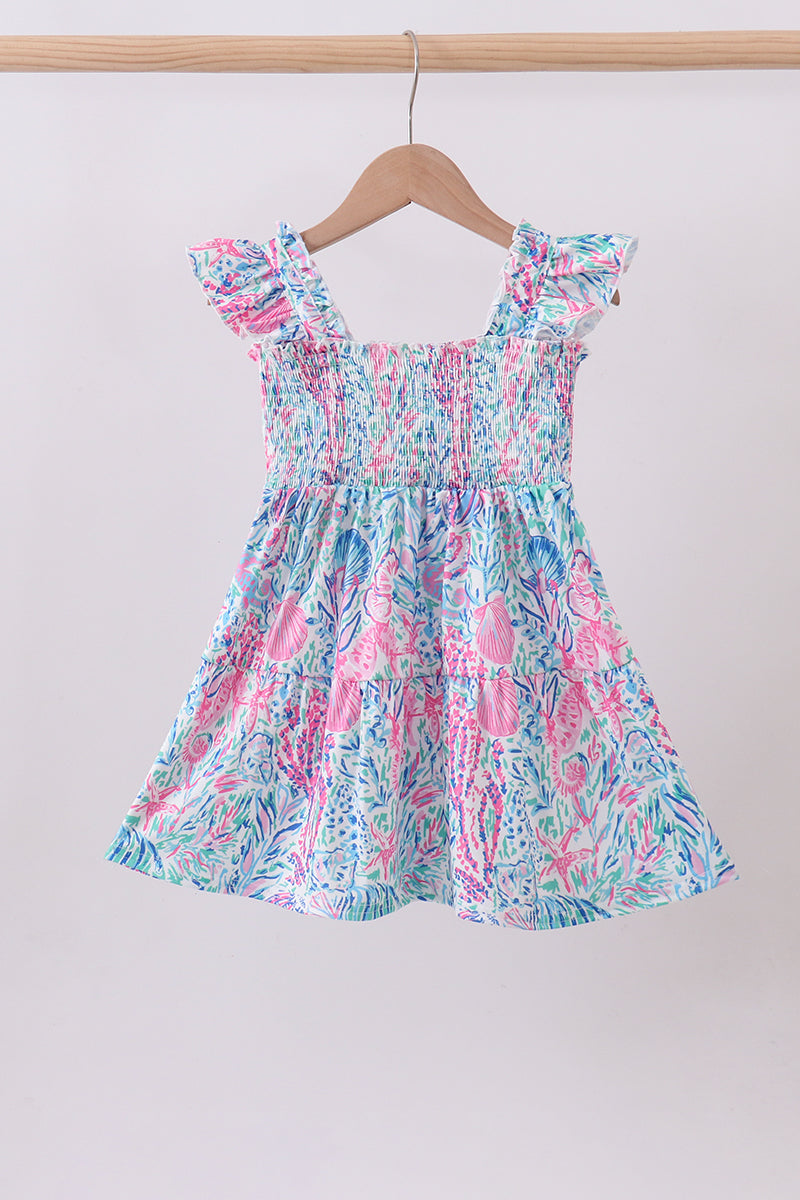 Marine smocked ruffle tiered dress