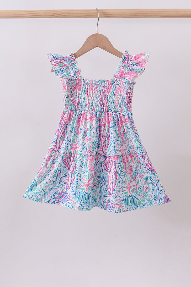 Marine smocked ruffle tiered dress