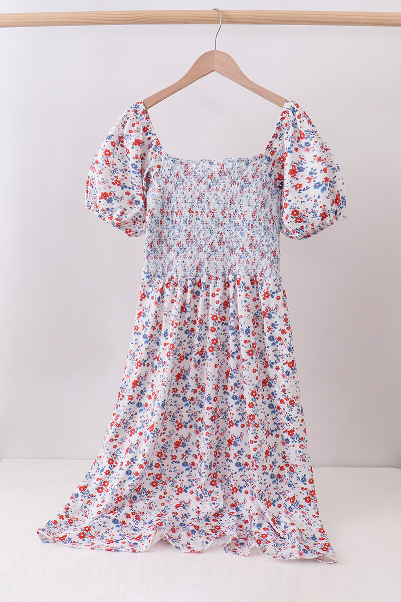 Blue floral smocked dress for mommy