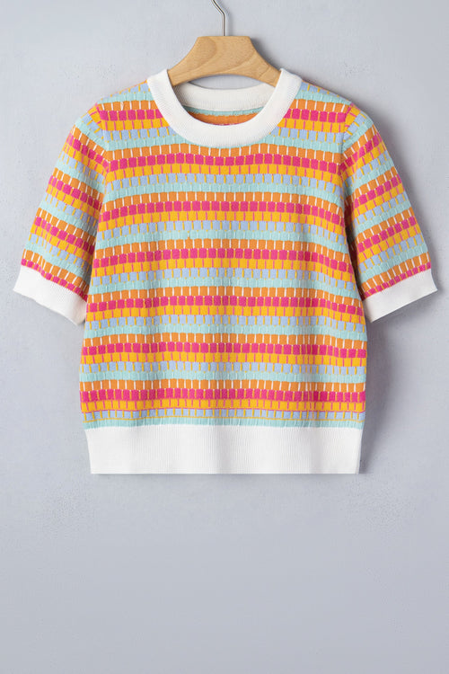 Abstract Stripe Short Sleeve Sweater Knit Top