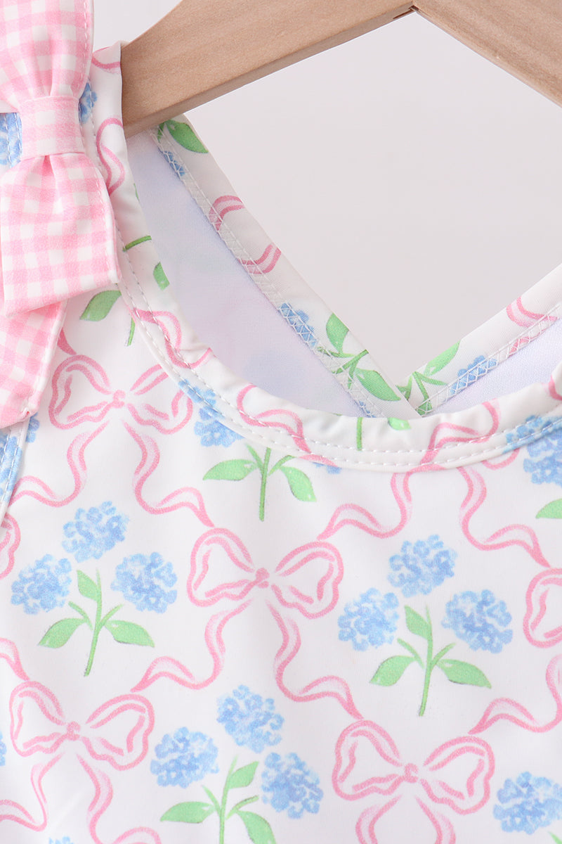 Pink hydrangea bow print 2pc swimsuit