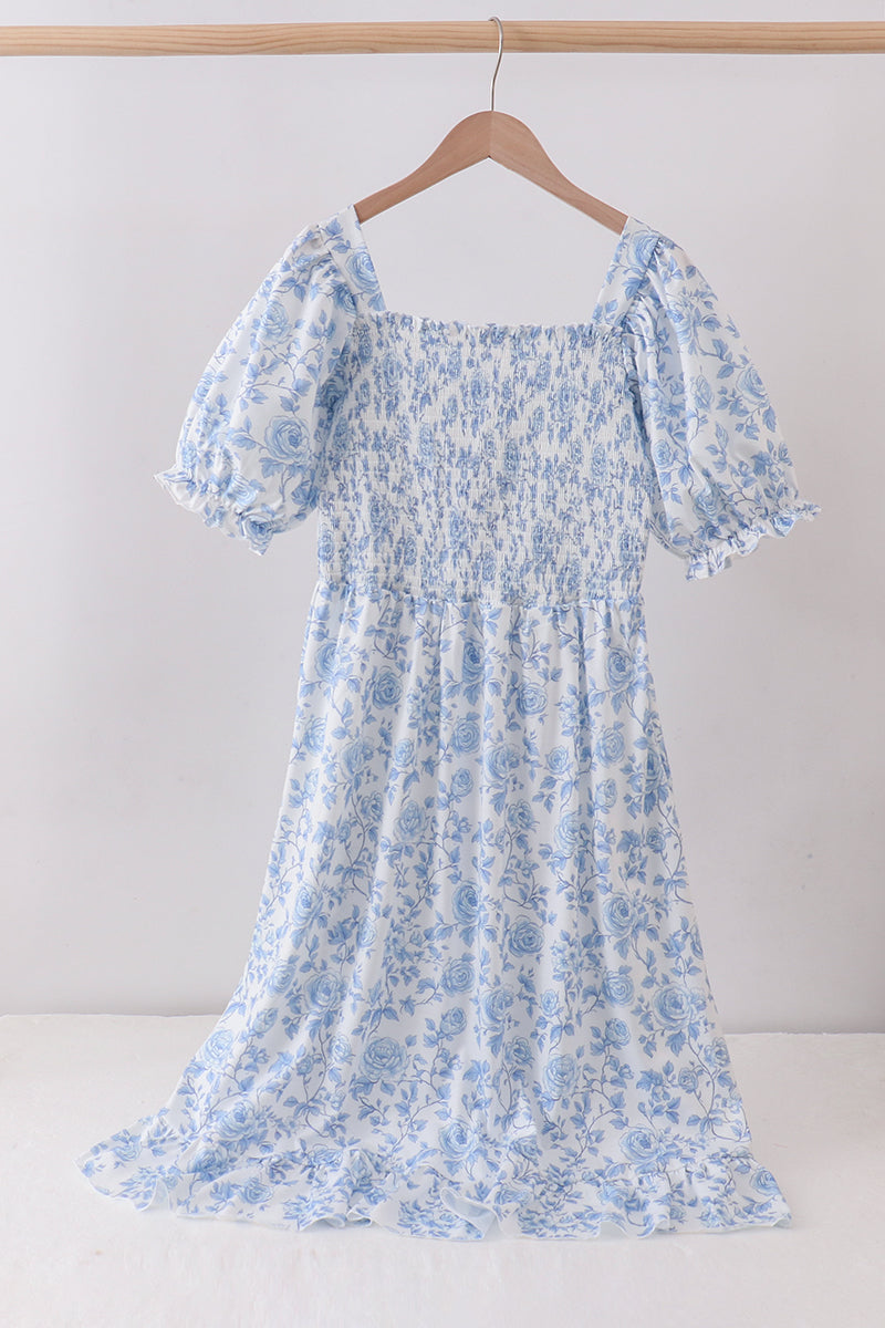 Blue rose smocked ruffle dress for mom