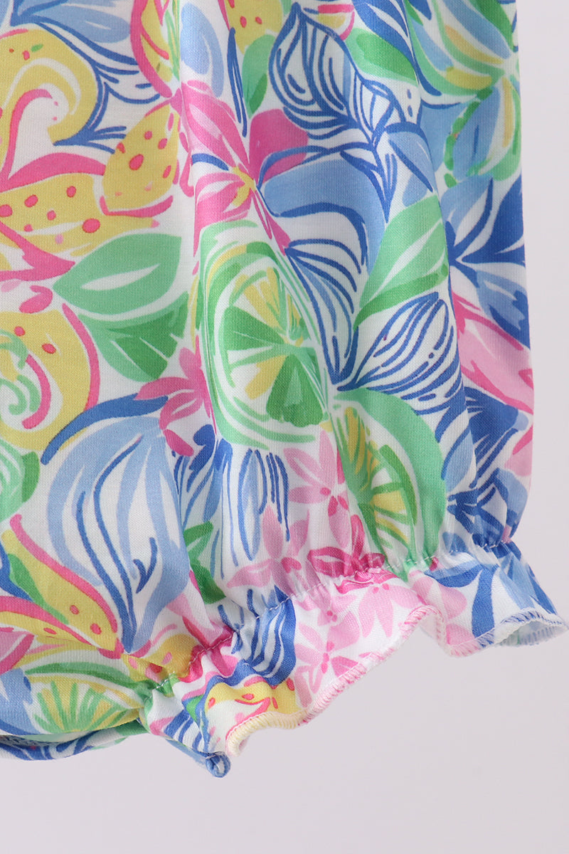Tropical floral smocked ruffle bubble