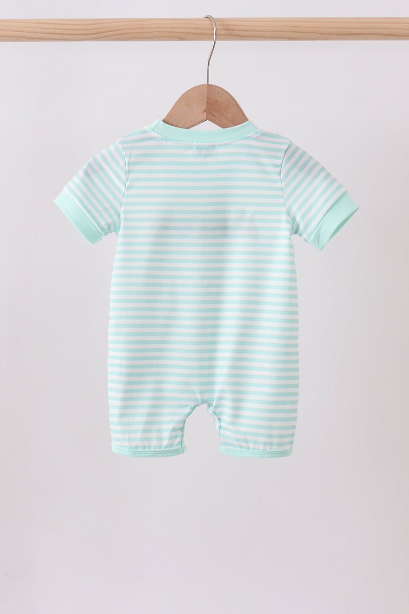 Green stripe Noah's Ark french knot romper