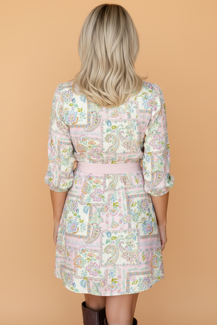 Boho Floral Colorblock 3/4 Sleeve Belted Mini Dress