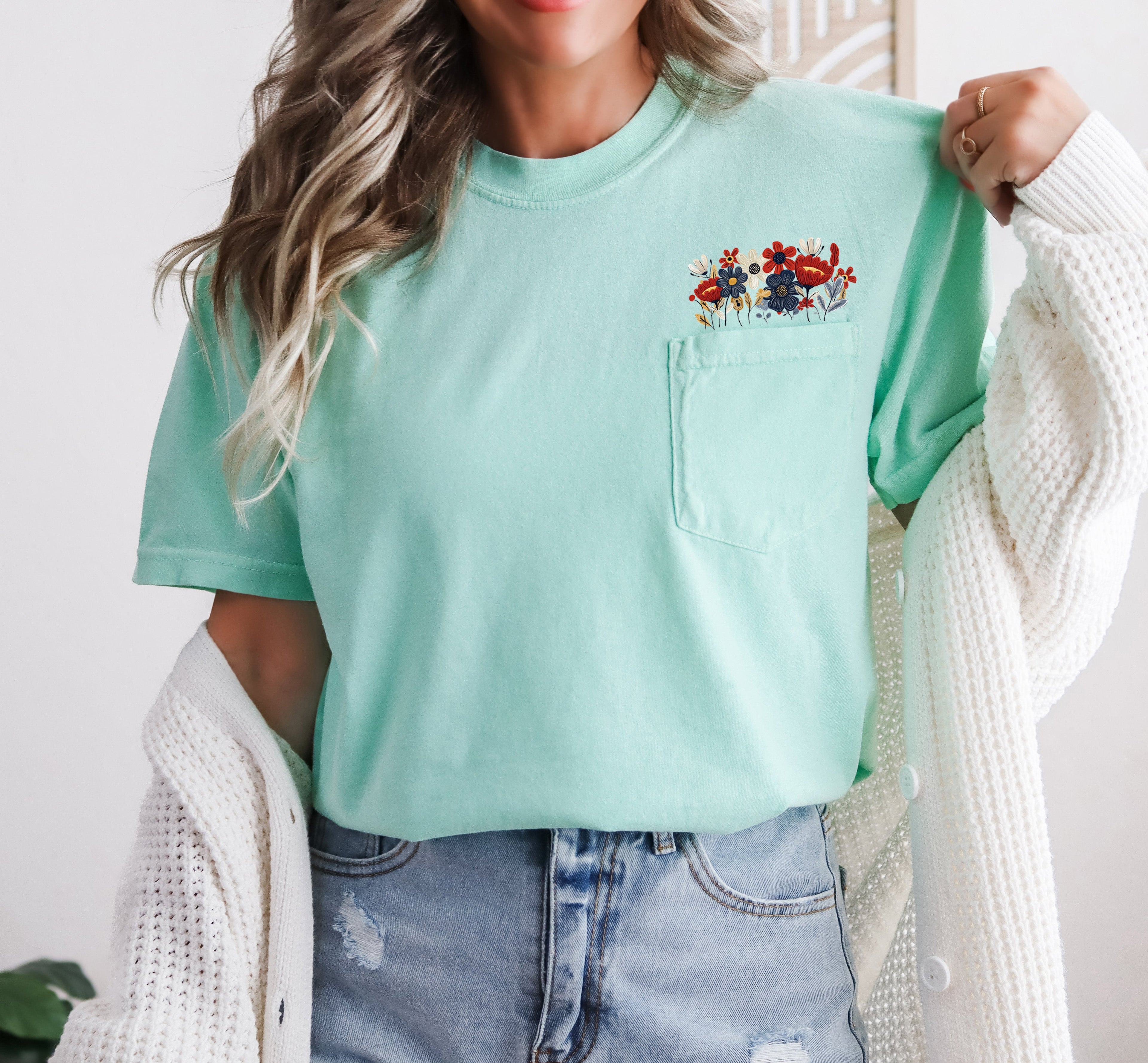Wildflowers America Flag Color Botanical Comfort Colors Pocket T Shirt