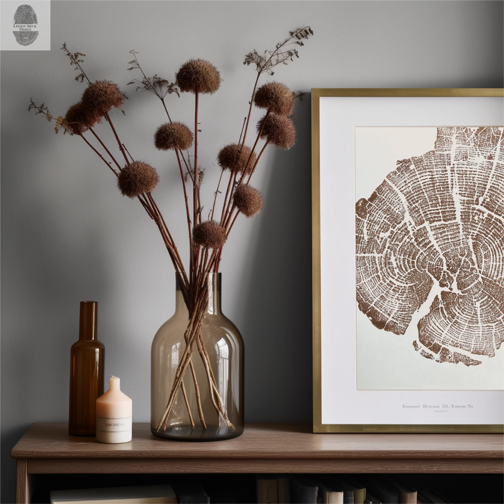 Yellowstone Tree Ring Print in Brown Ink, 11x14 inches, Hand Pressed Woodblock. Signed Original