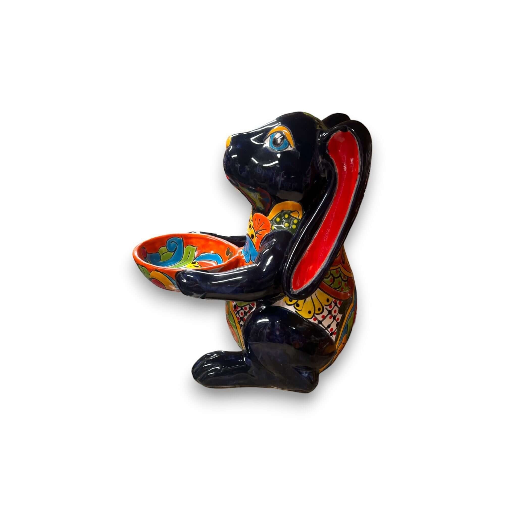 Vibrant Handmade Talavera Bunny Statue | Mexican Folk Art Feeder