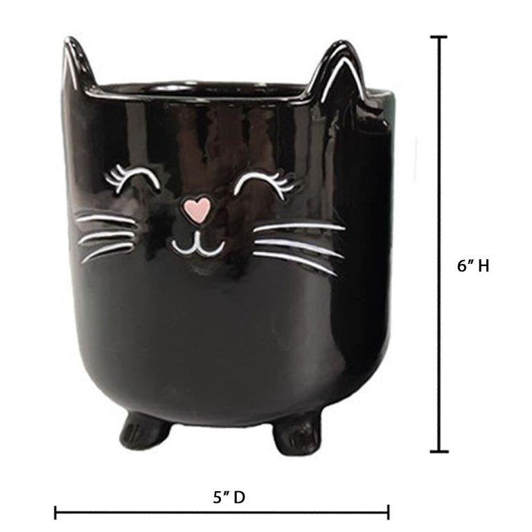 Black Cat Planter Pot With Ears & Whiskers for Succulents, Flowers, Herbs or Plants