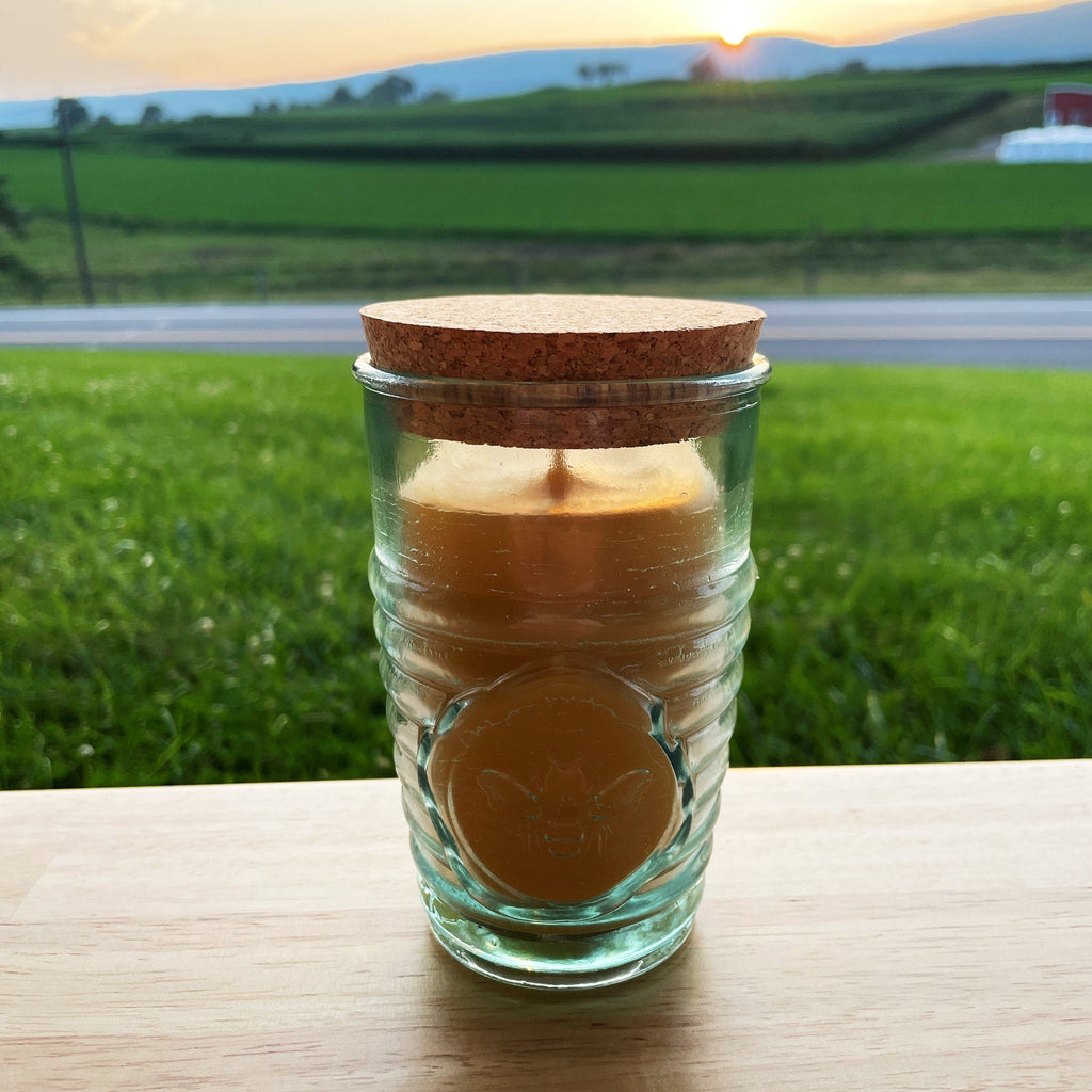 Beeswax Candle in Honeybee Glass Jar Spanish Recycled Glass