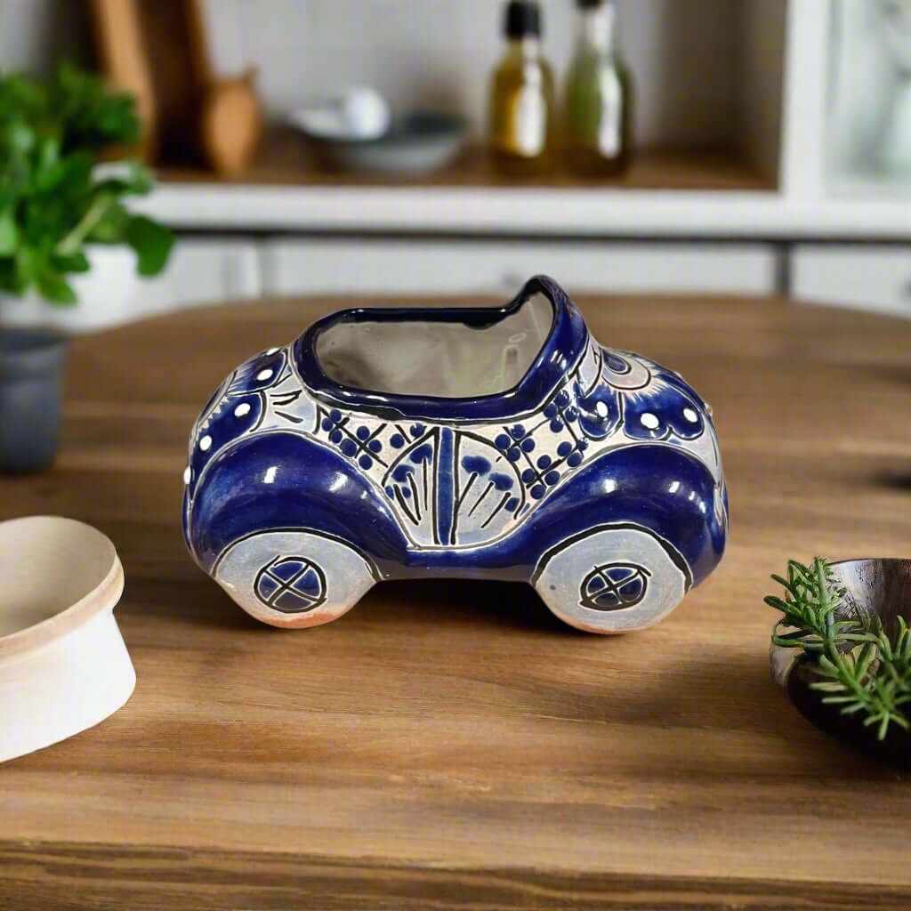 Small Talavera Car Planter | Blue & White Handmade Ceramic Pot