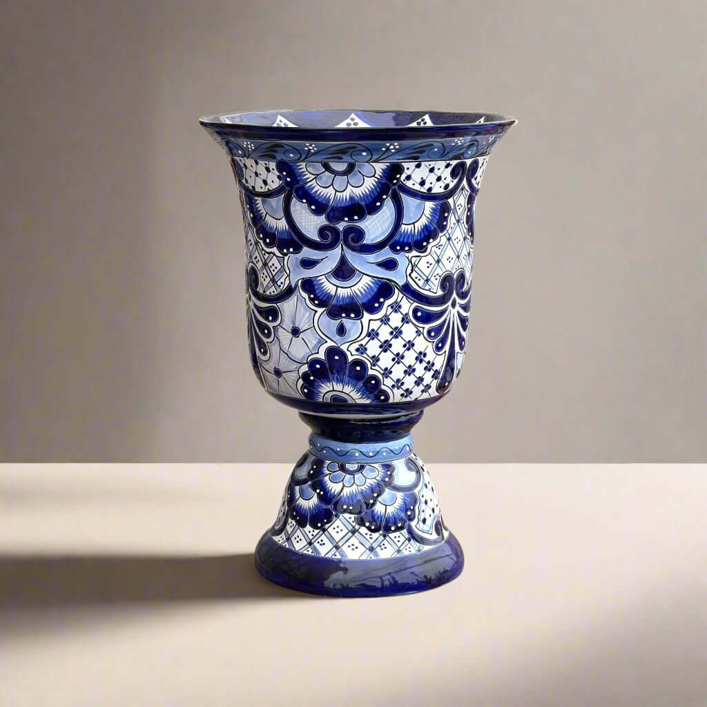 Extra Large Talavera Planter | Hand-Painted Blue Pedestal Flower Pot
